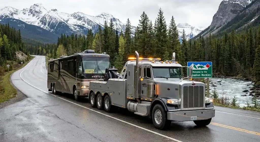 Surrey medium-duty tow truck on commercial route