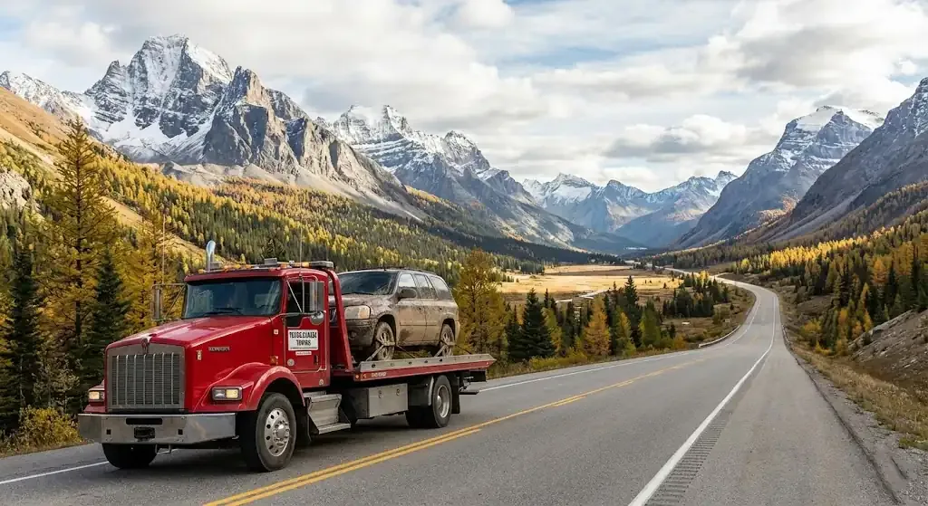 long-distance tow truck on a Surrey highway corridor