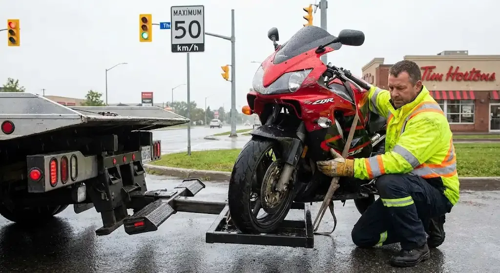 Surrey motorcycle being safely loaded for transport