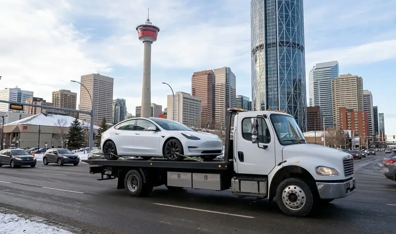 Surrey electric vehicle on flatbed transport